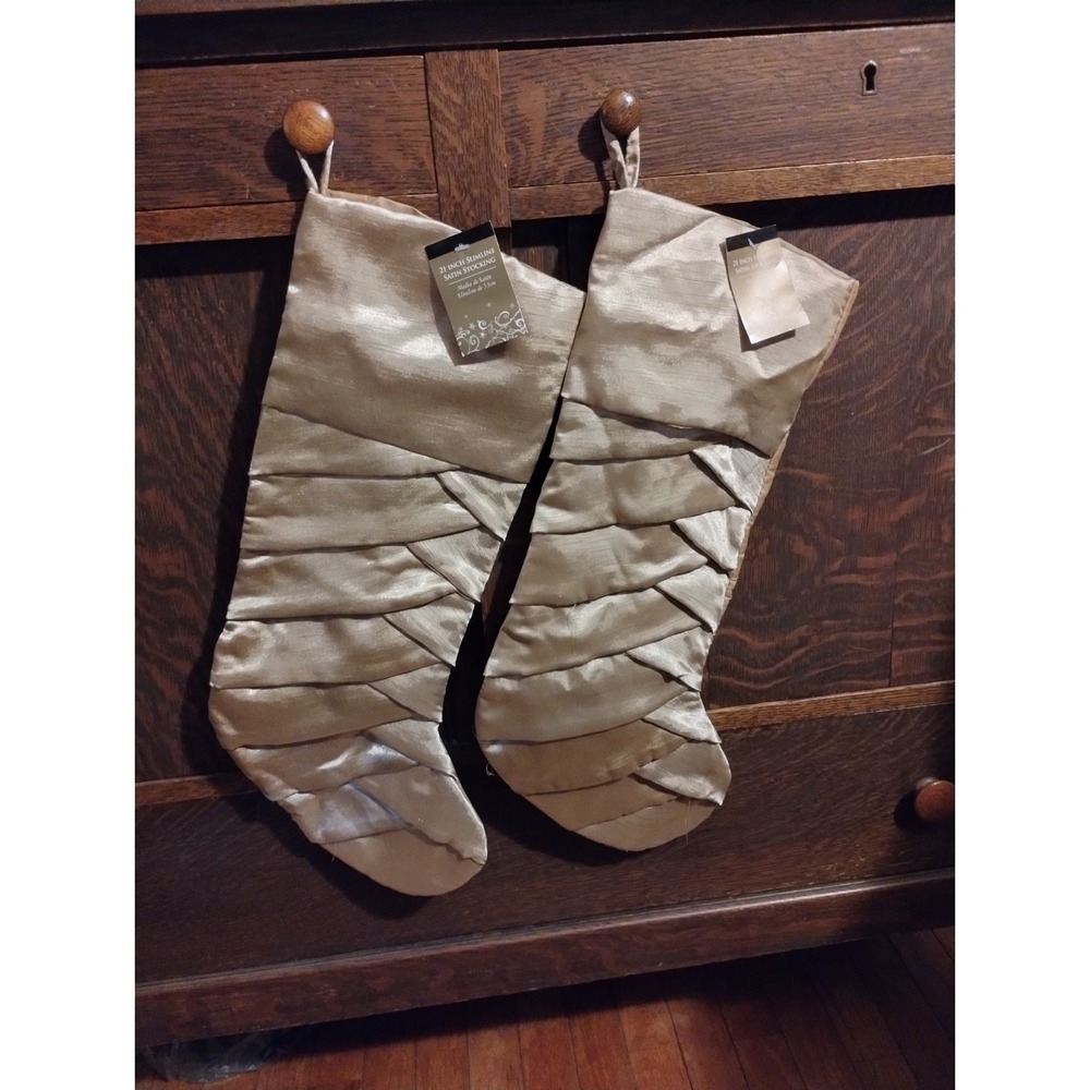 Lot Of 2 Christmas Stockings 21 Inch Slimline Satin Gold New With Tag Elegant